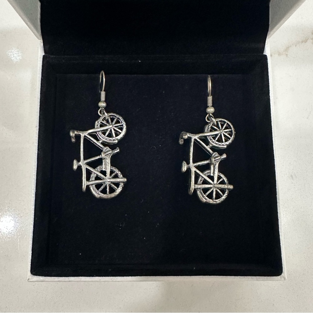 Cool Retro Faux-Silver Unique Whimsical Fun Bicycle Dangle Earrings - Picture 2 of 4